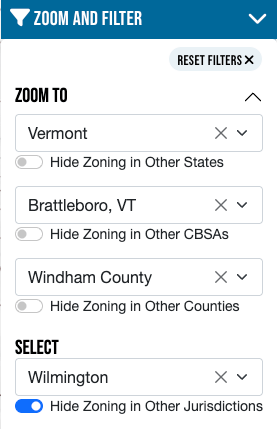 A sample of the Zoning Atlas filters to show zoning in specific towns, this example specifically shows Wilmington, VT